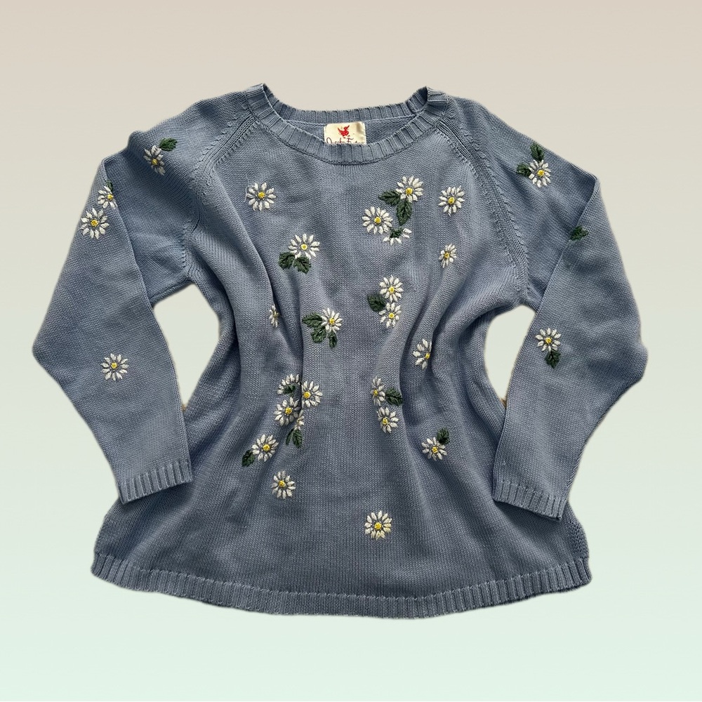 Vintage Artsy Fairy core Blue Daisy Knit Sweater| Quacker Factory